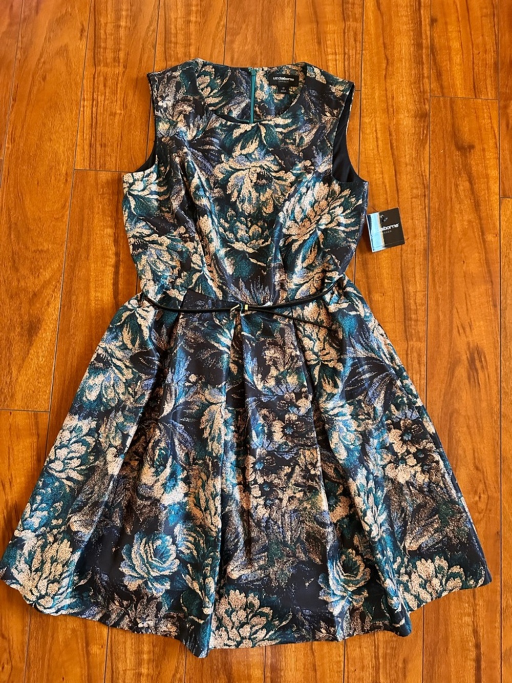 Liz Claiborne Sleeveless Floral Brocade Fit & Flare Dress in Teal and Gold